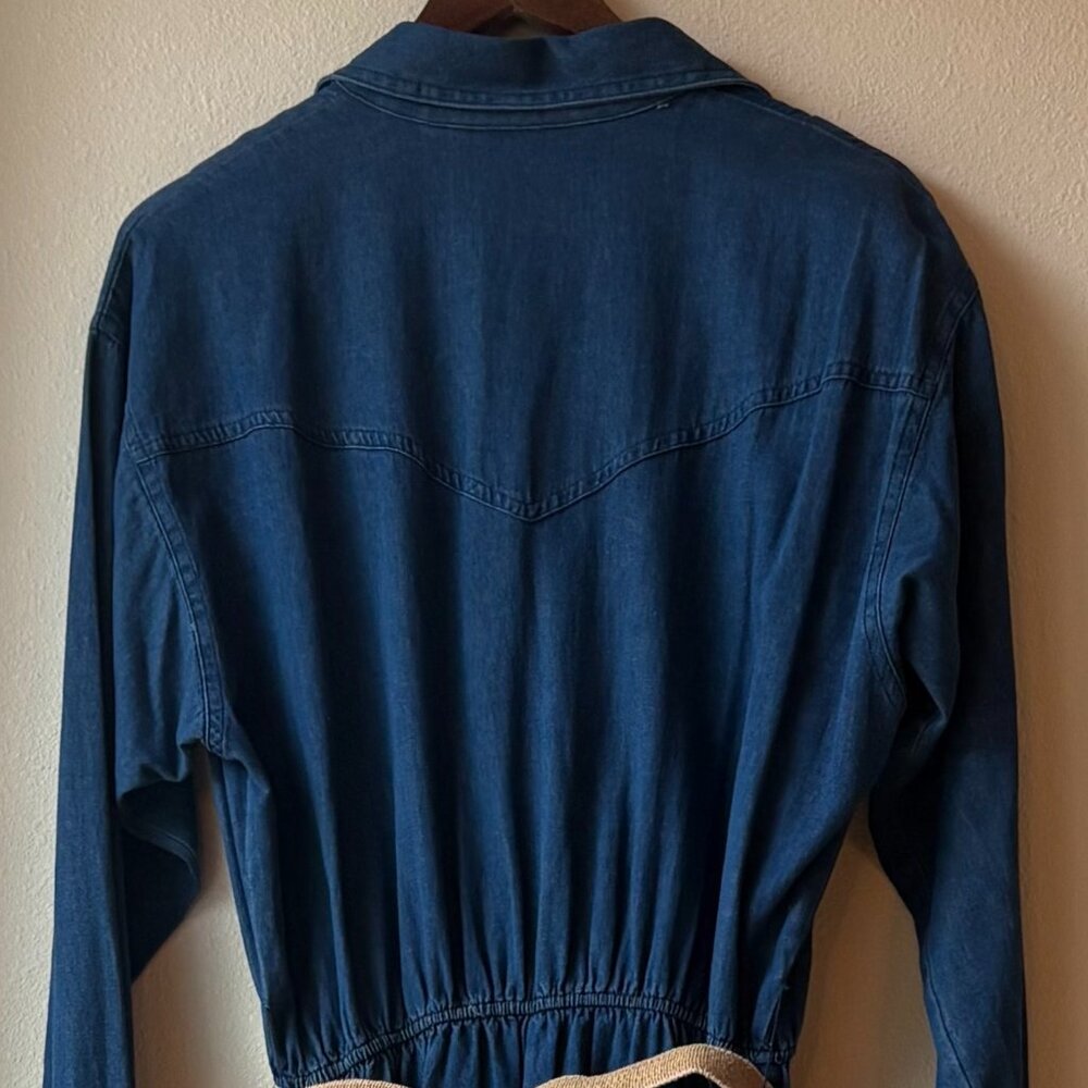 VTG 80s Denim Maxi Dress Long Sleeves Pockets Collared Front Button Sz L Prairie - Picture 6 of 10